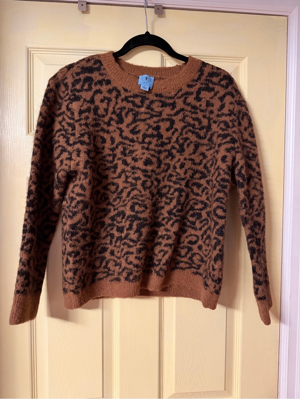 CeCe Abstract Animal Print Sweater - Brown and Black S leopard cheetah